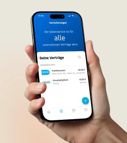 The Simplr app showing a list of German insurance contracts in English.